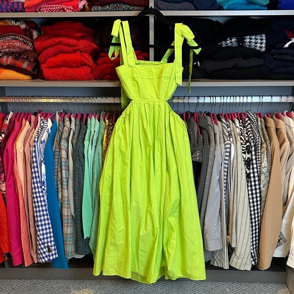 SHEIN fluorescent green smocked elastic waistband cut outs lined midi dress XS